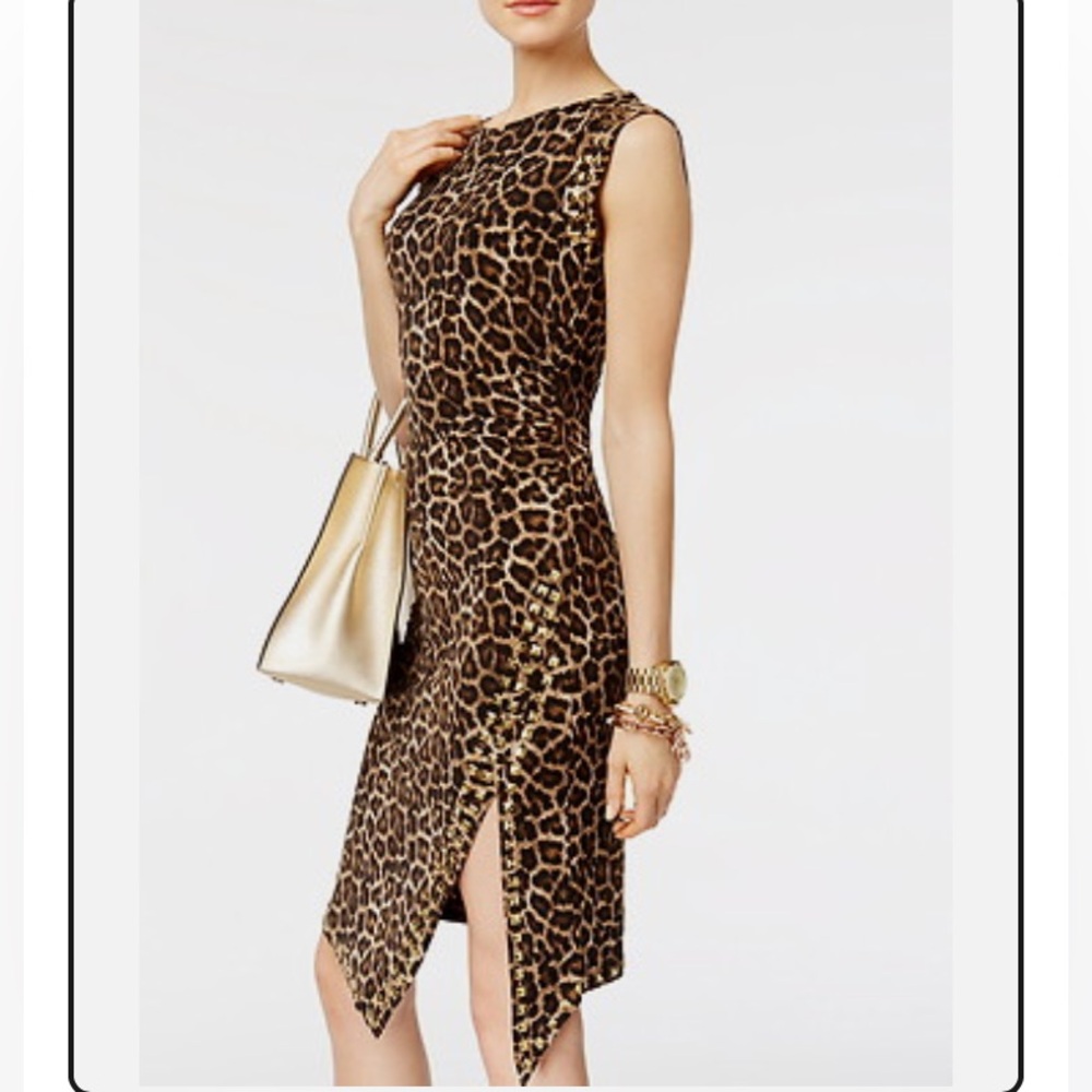 Michael Kors Side Slit Gold Studded Leopard Print Dress Side Ruched Dress